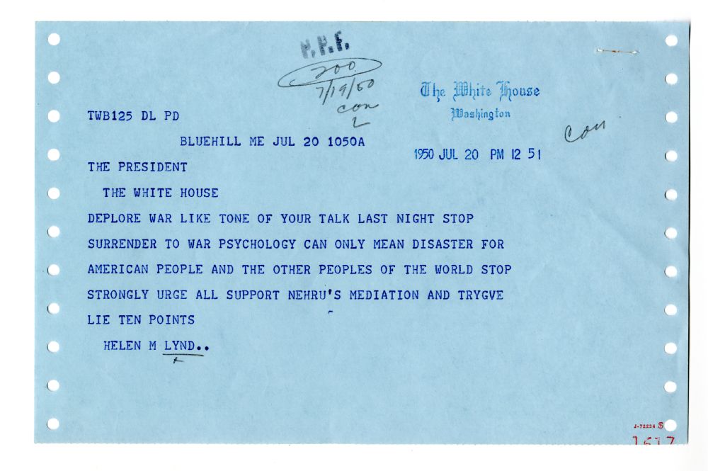 Telegram from Helen Lynd to President Harry S. Truman