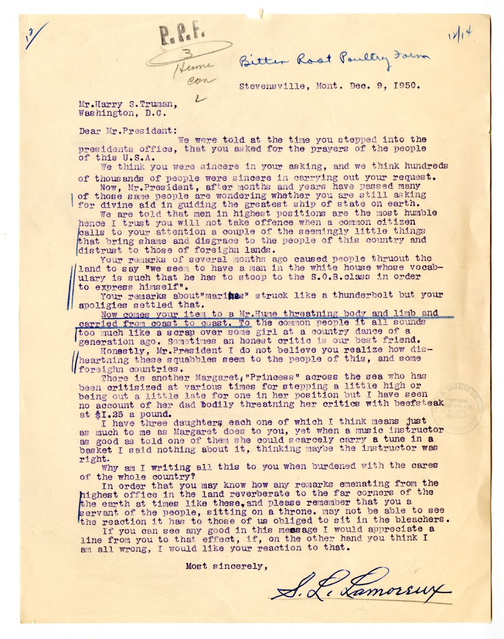 Letter from S. L. Lamoreux to President Harry S. Truman