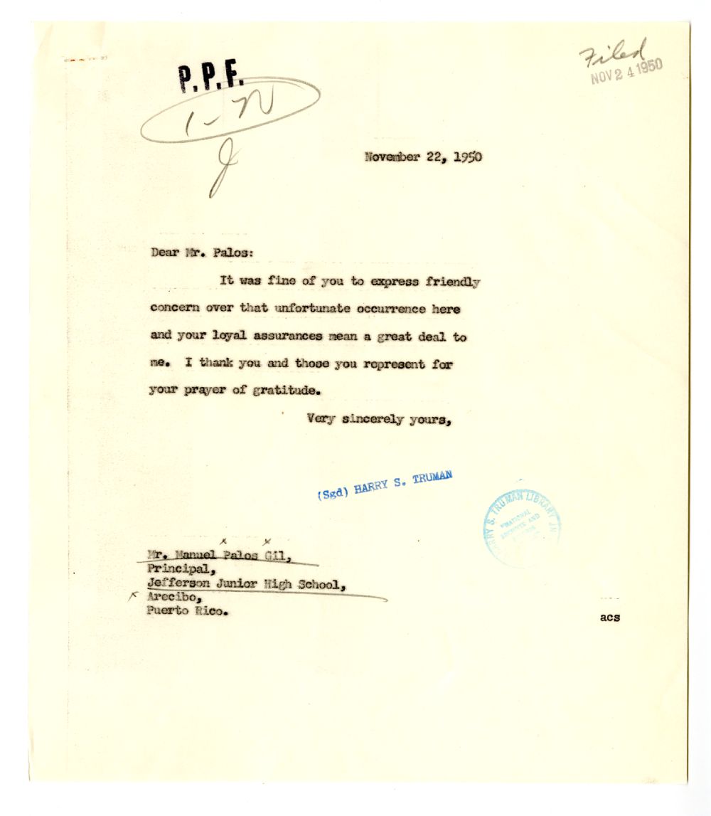 Correspondence Between Manuel Palos Gil and President Harry S. Truman