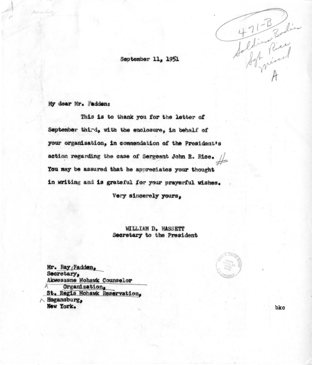 Letter from Ray Fadden to President Harry S. Truman with a Reply from William D. Hassett