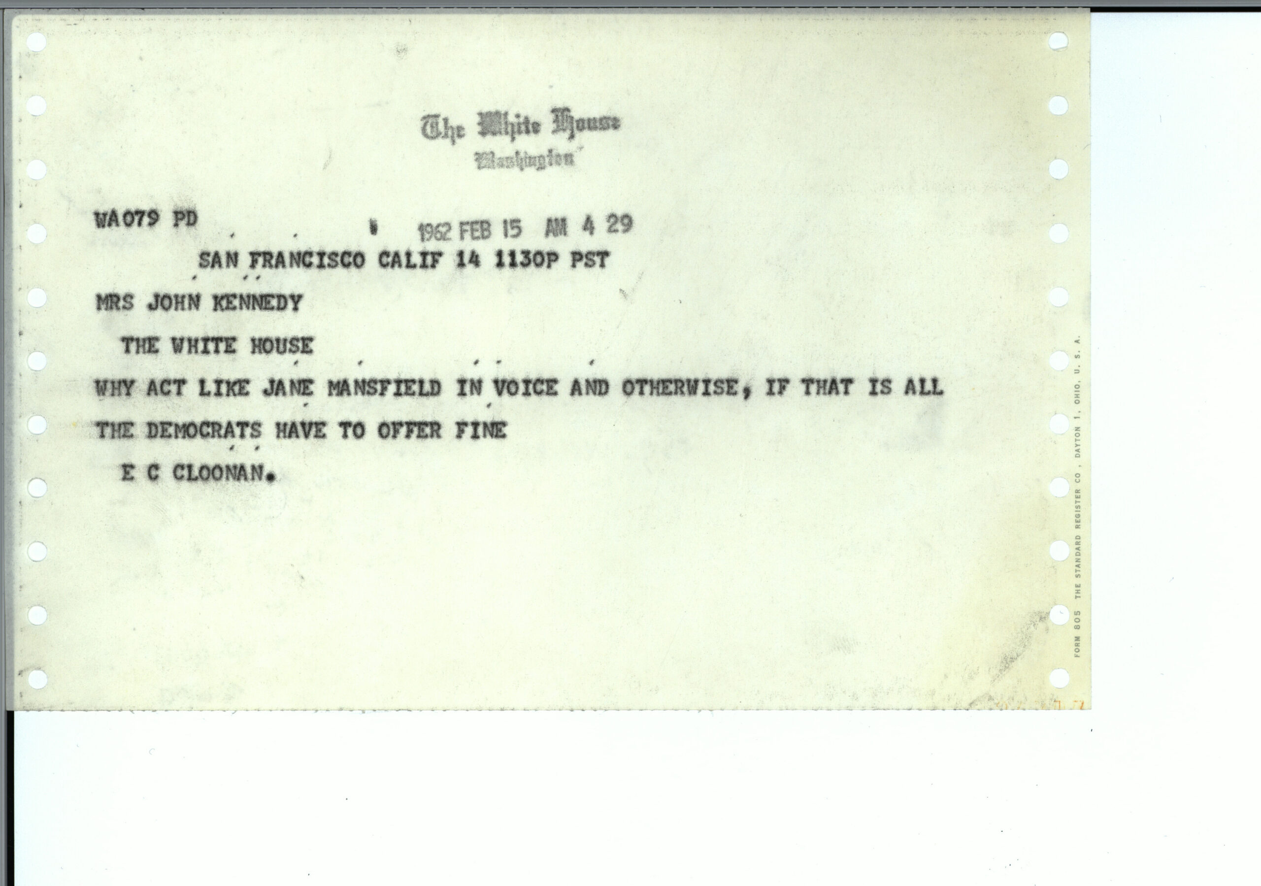 Cable EC Cloonan to Jacqueline Kennedy, 15 February 1962