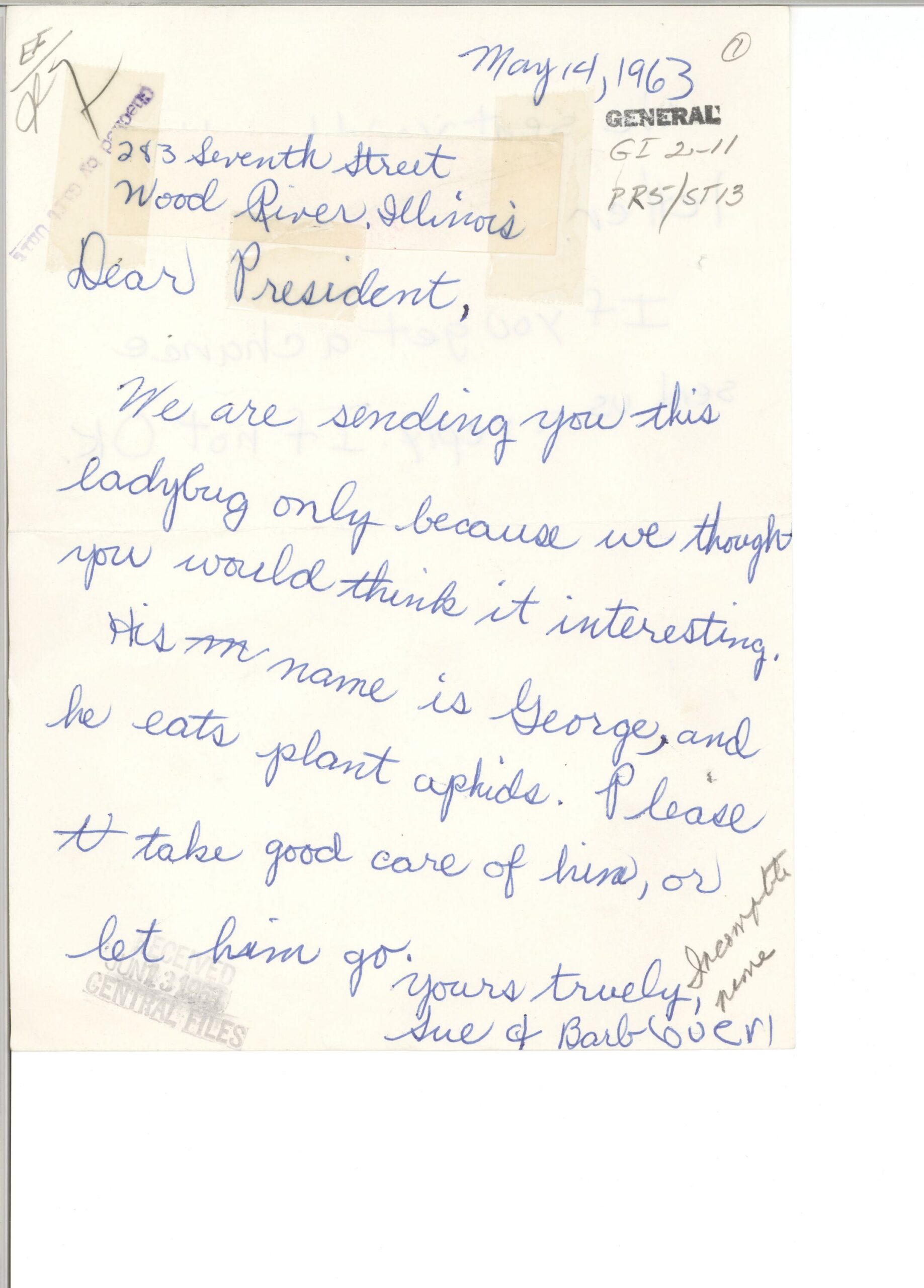 ALS Sue and Barb to John F. Kennedy, 14 May 1963