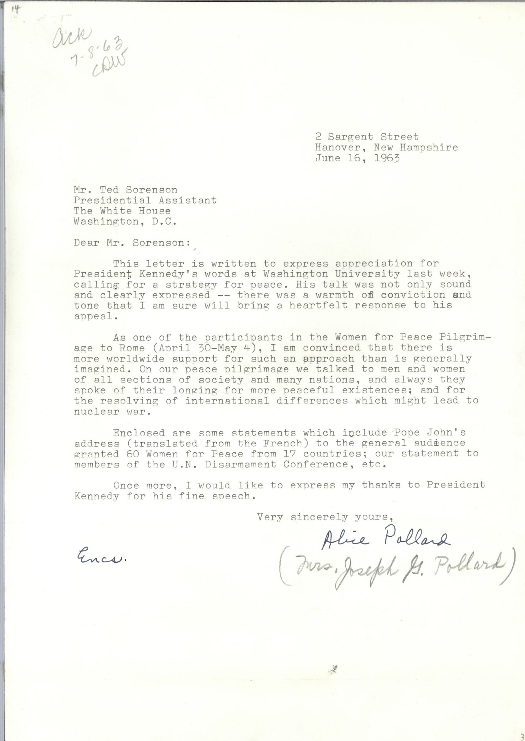 ALS Alice Pollard to Ted Sorensen, 16 June 1963