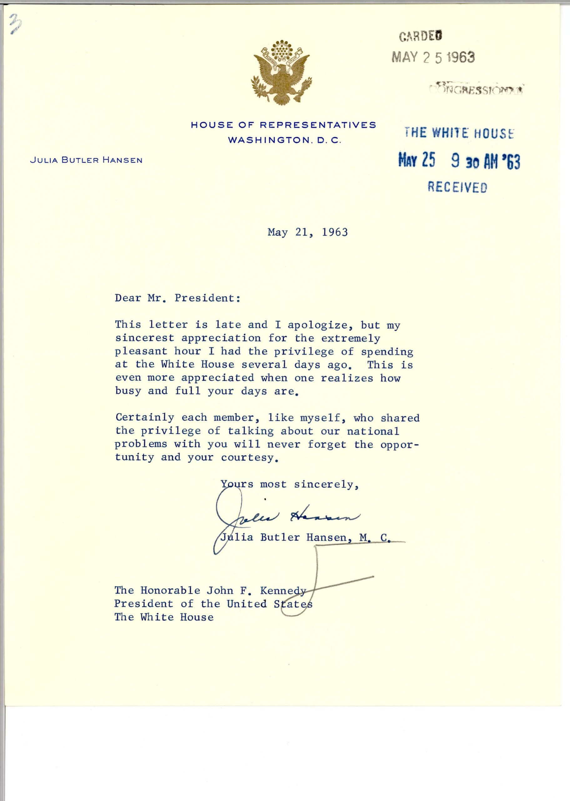 TLS Julia Butler Hansen to John F. Kennedy, 21 May 1963