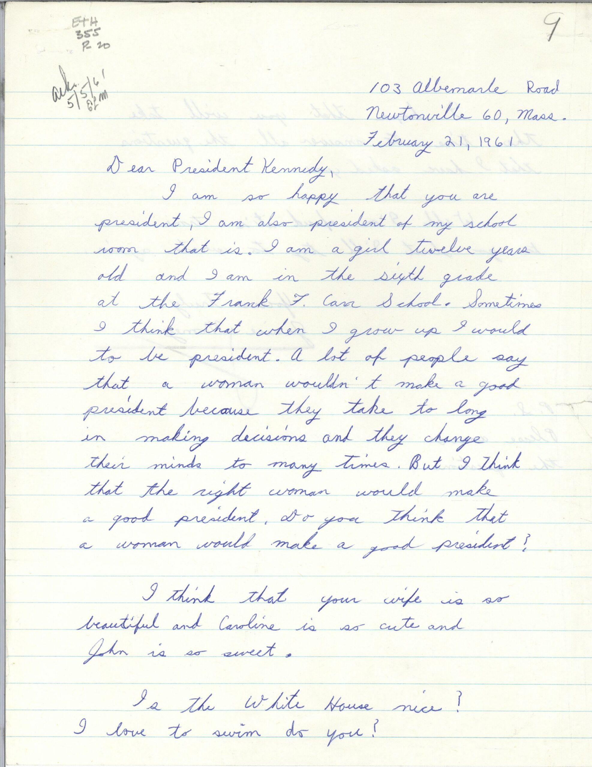 ALS Janice Mooney to John F. Kennedy, 21 February 1961