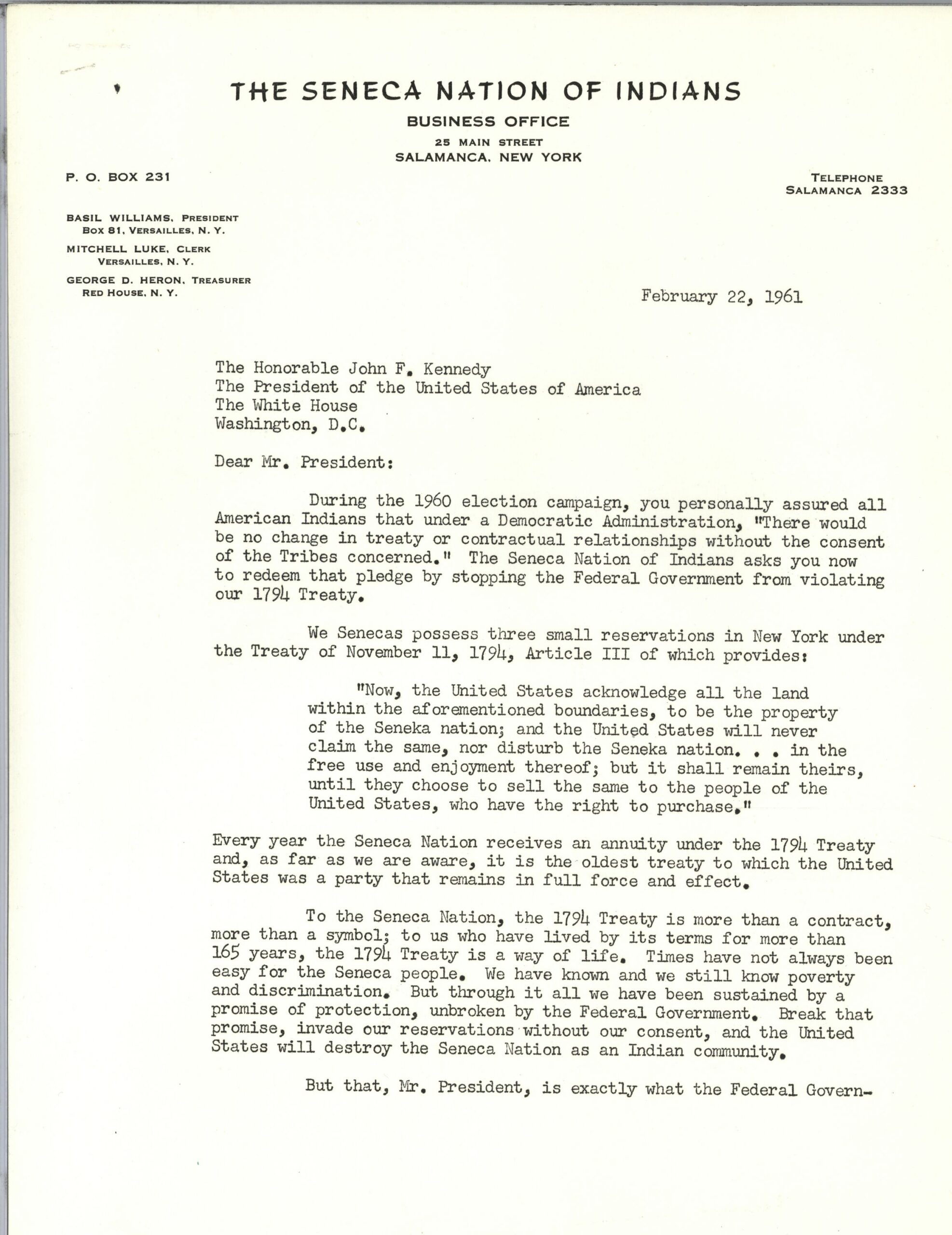 TLS Basil Williams of Seneca Nation of Indians to John F. Kennedy, 22 February 1961