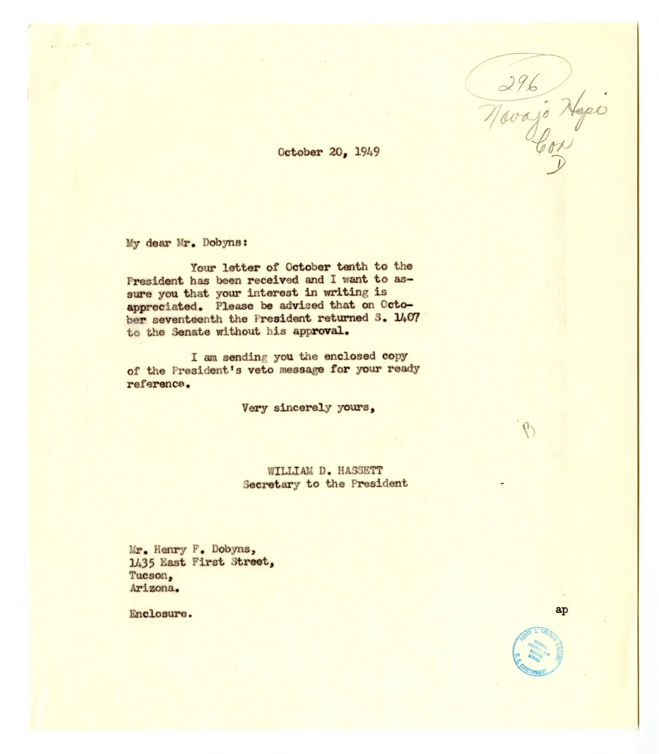 Letter from Henry Dobyns to President Harry S. Truman with a Reply from William D. Hassett