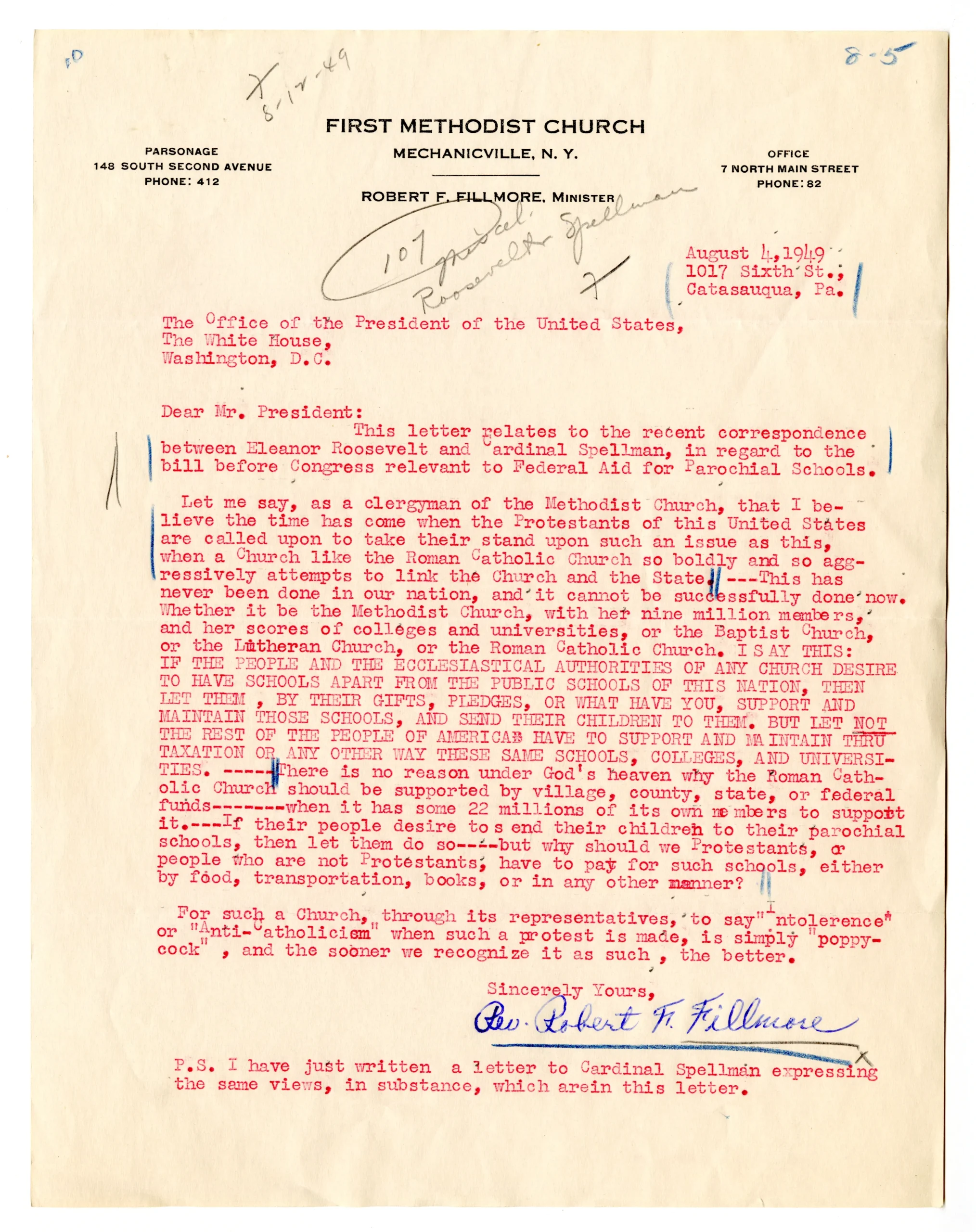 Letter from Reverend Robert Fillmore to President Harry S. Truman