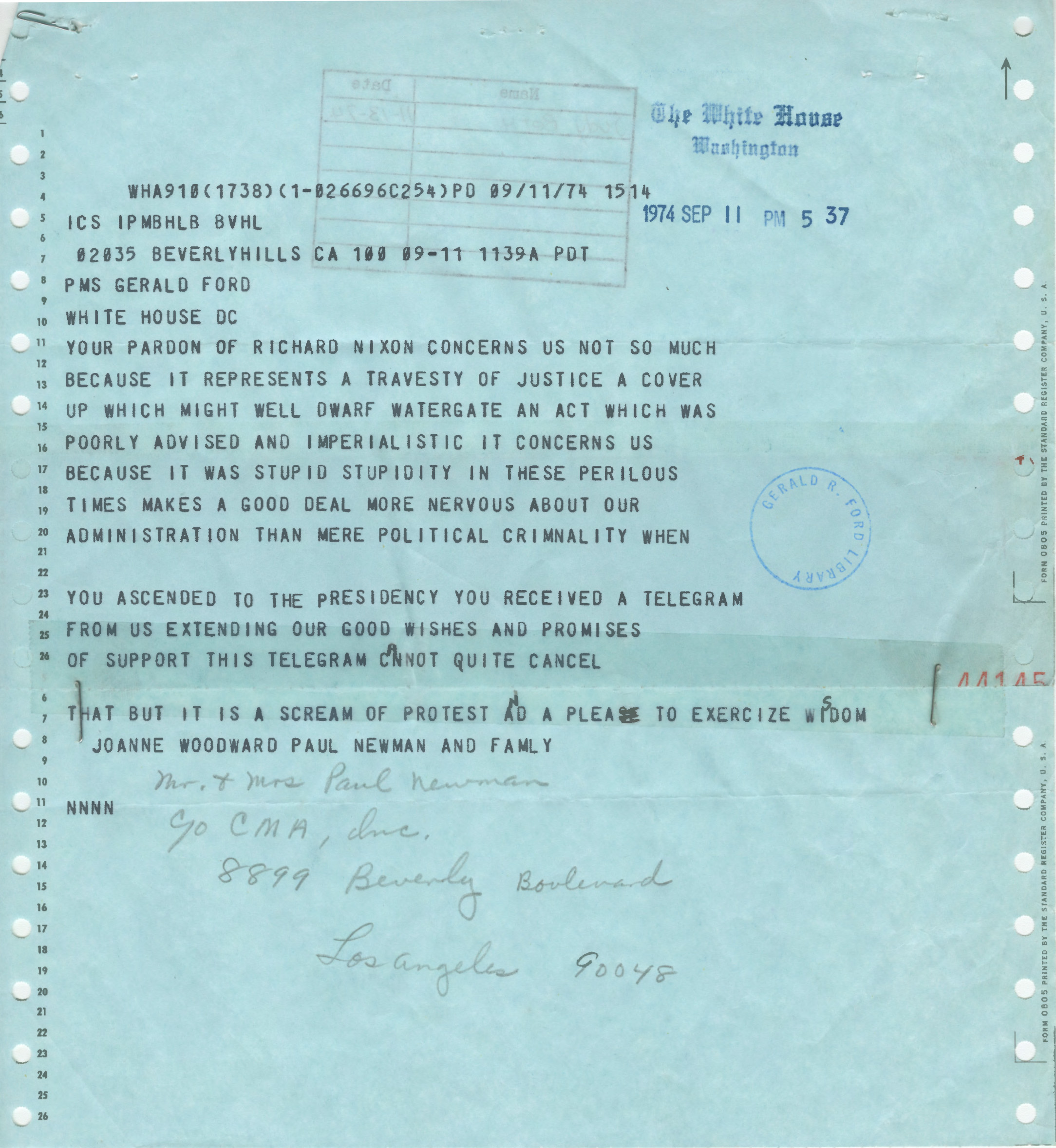 Telegram from Joanne Woodward, Paul Newman, and Family to President Gerald R. Ford Regarding the Pardon of Former President Richard Nixon