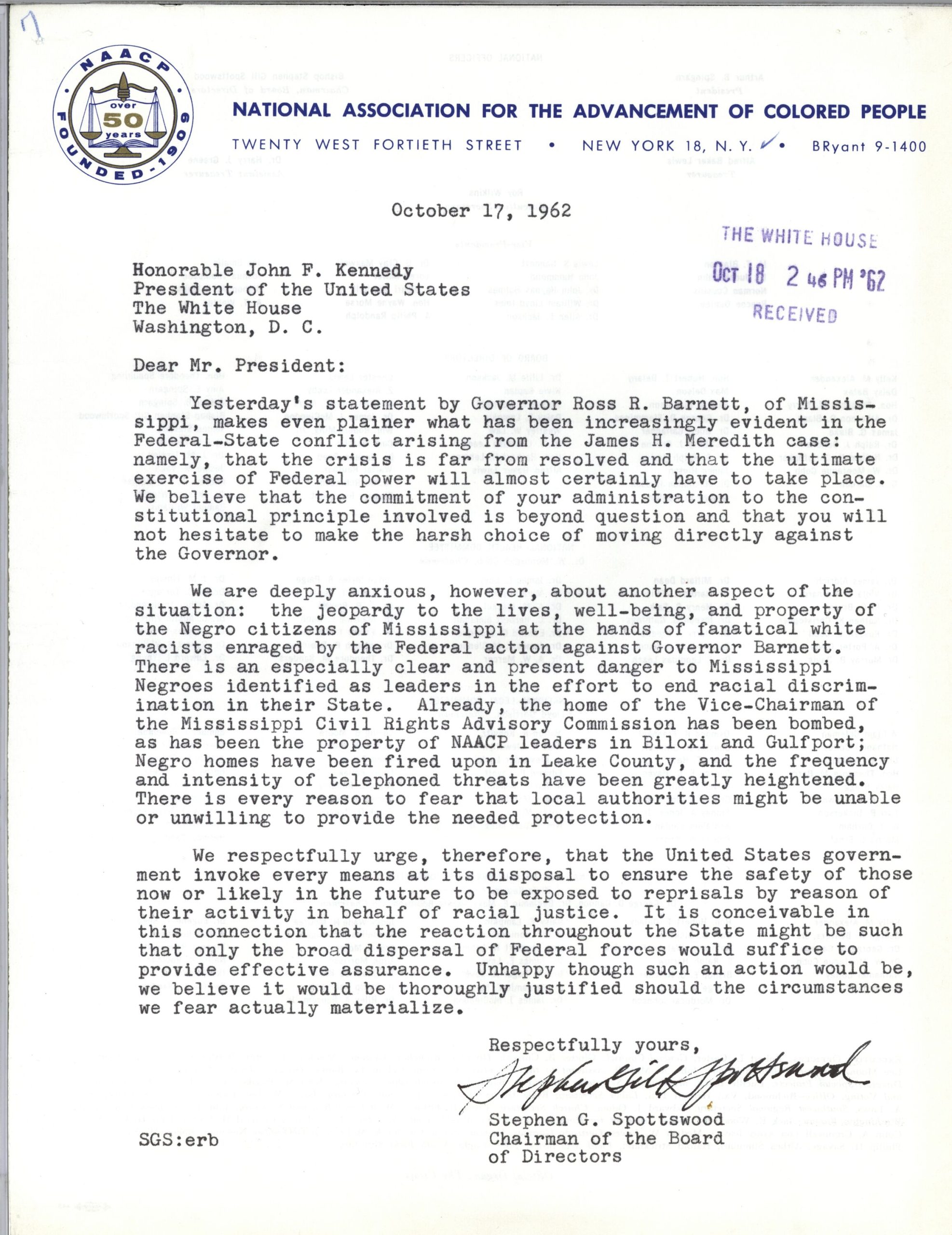 TLS Stephen G. Spottswood to John F. Kennedy, 17 October 1962