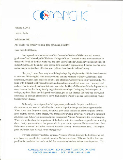 Letter from Lindsay Early to President Obama