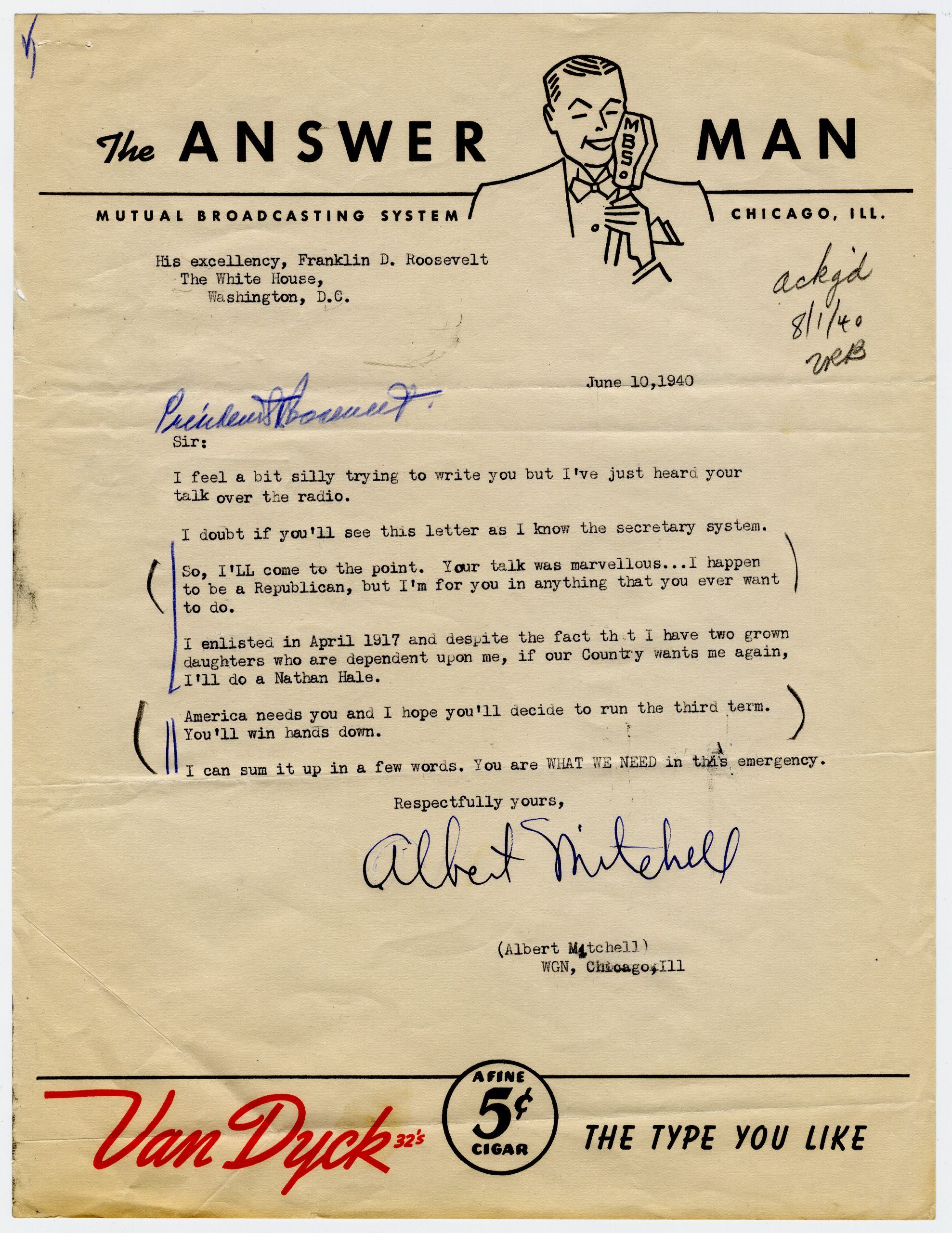Letter, Albert Mitchell to Franklin D. Roosevelt