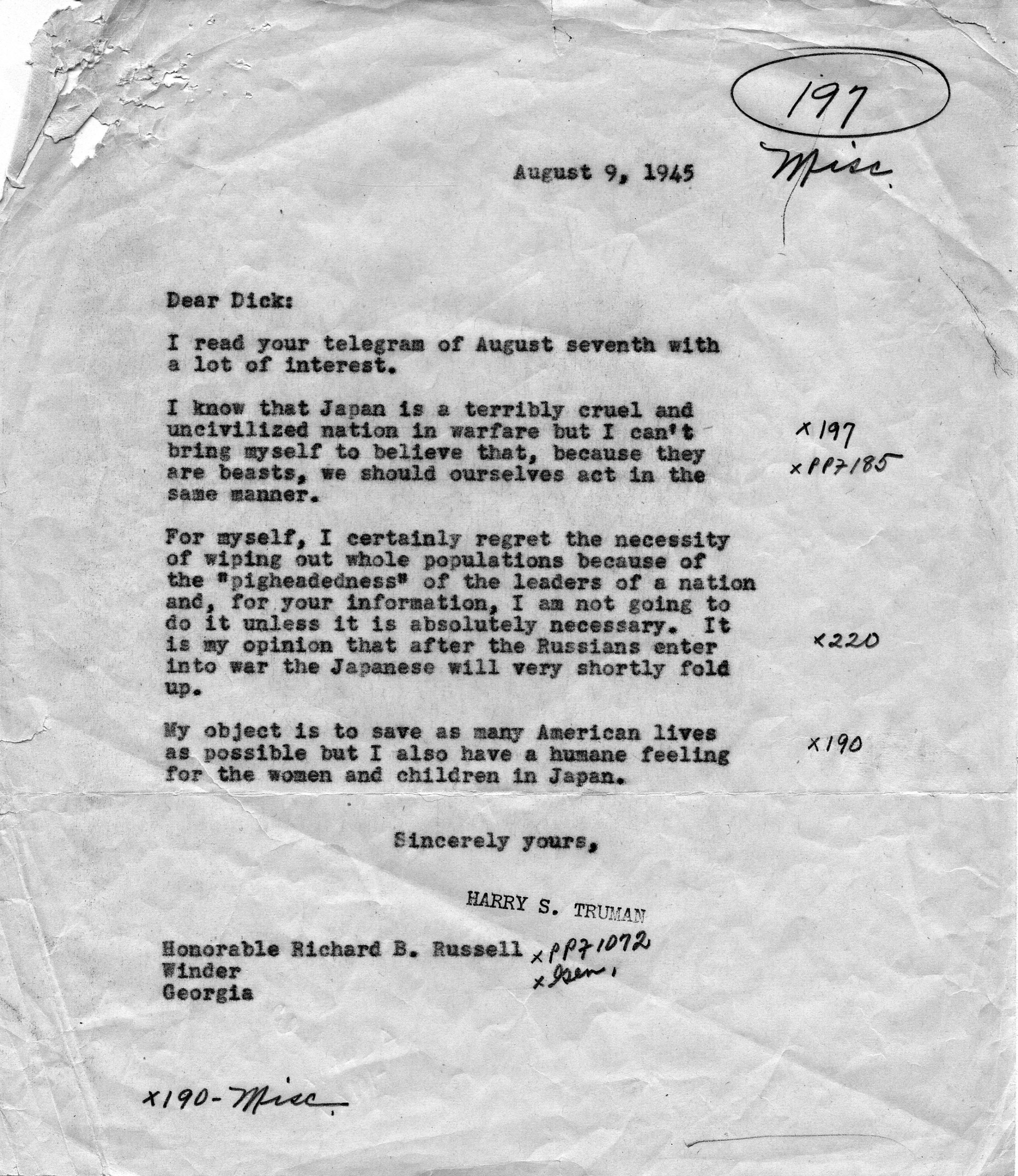 Correspondence Between President Harry S. Truman and Senator Richard Russell