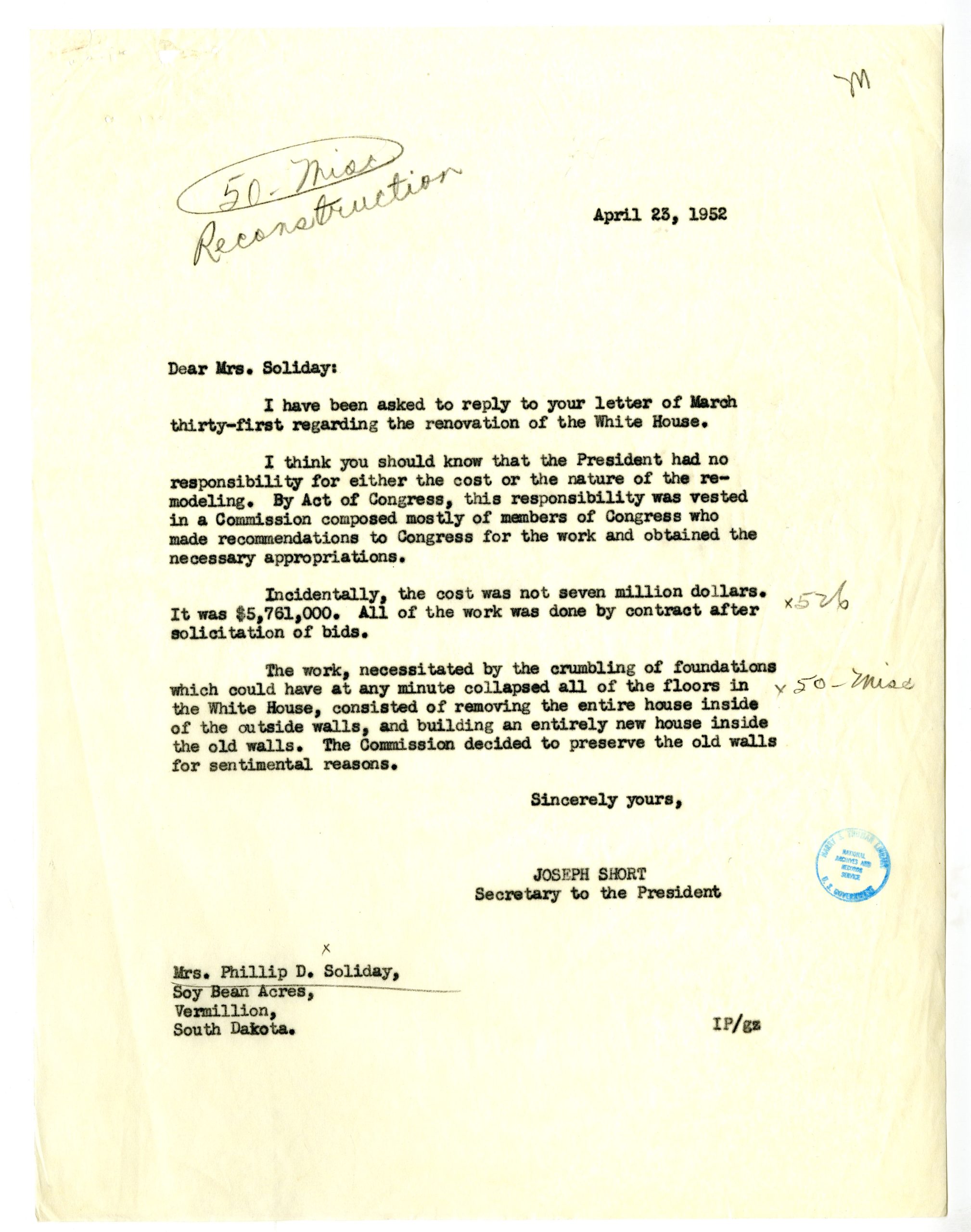 Letter from Mrs. Phillip Soliday to President Harry S. Truman, with Reply from Joseph Short